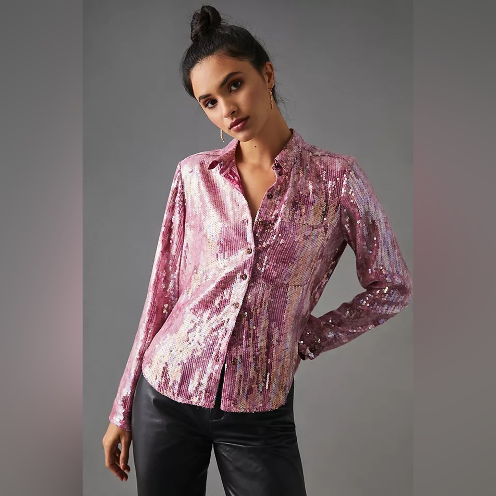 Pilcro Anthropologie Shrunken Pink Sequin Button Down Shirt Blouse